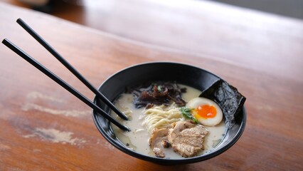 Authentic Tonkotsu Ramen Bowl with Egg and Pork