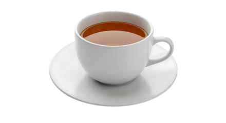 A realistic white teacup filled with brown tea set on a saucer on transparent background.