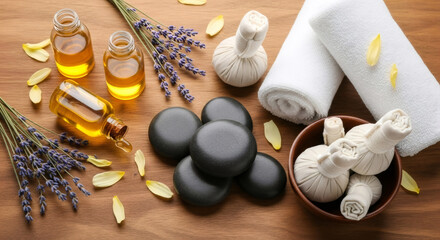 Spa massage concept with lavender oil and hot stones. Aromatic treatment for well-being. Wellness and relaxation theme.