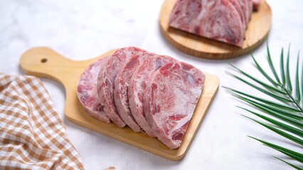 Sliced Raw Wagyu Beef on Wooden Boards, Ready for Cooking