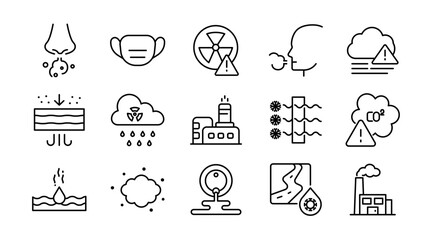 Air Pollution line icon set. CO2, mask, air filter, PM2.5, air purifier, car exhaust, smog, indoor air quality, smoke, carbon emission, forest fire, icons vector illustration. Pixel-perfect stroke