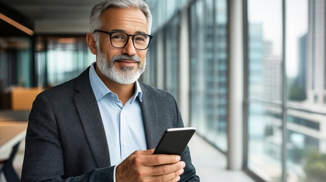 Professional businessman in bright office environment using smartphone for work and communication.