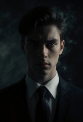 Fototapeta premium A depressed young man with piercing eyes, man's suit, shrouded with dark aura, haunting