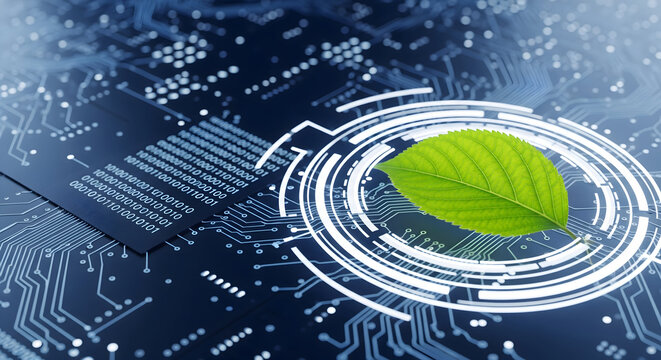 Sustainable technology concept with vibrant leaf on modern circuit board design - Powered by Adobe
