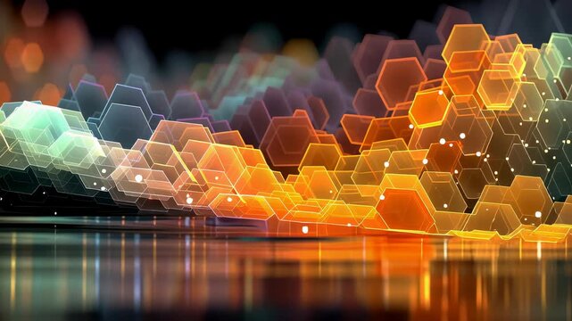 Glowing hexagonal prisms rise and fall in rhythmic music equalizer animation. Vibrant orange and blue geometric shapes reflect on dark liquid surface.
