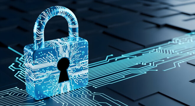 Cybersecurity padlock protects digital data with circuit board design for IT security