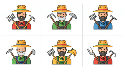 Colorful farmer icons depict different characters holding various tools, highlighting diverse agricultural roles through simple outlines, bright tones and clear rustic details.