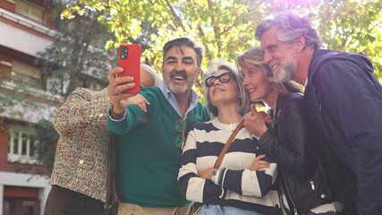 Senior friends taking outdoor selfie with smartphone
