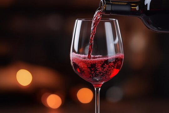 Red wine being poured into a glass from a bottle against the blurred background of a restaurant setting