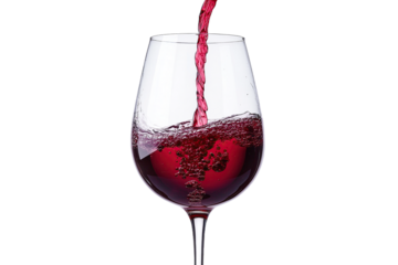 A glass of red wine being poured against a transparent background for beverage and celebration concepts