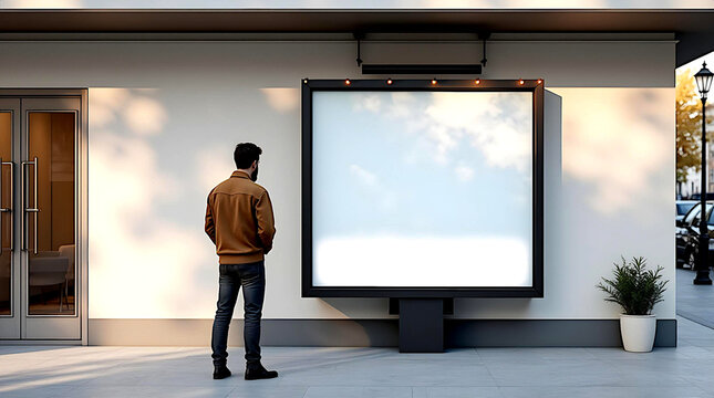 Mockup of a square outdoor billboard on a building facade with a man observing the blank banner and a decorative plant on the right,