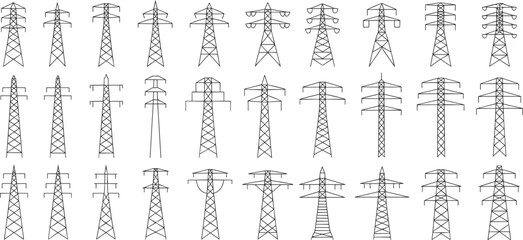 Array of Outline Drawings of Electrical Transmission Towers and Poles electricity power
