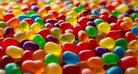 Close-up of colorful translucent jelly bean candy in various vibrant colors