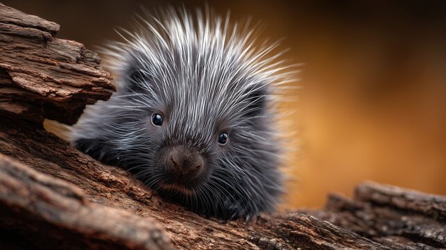 A close-up of a North American porcupine, Erethizon dorsatum, resting on a log. The porcupine has spiky quills and a curious expression.
