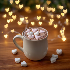 Valentine's day, hot chocolate with marshmallows and warm glowing lights.