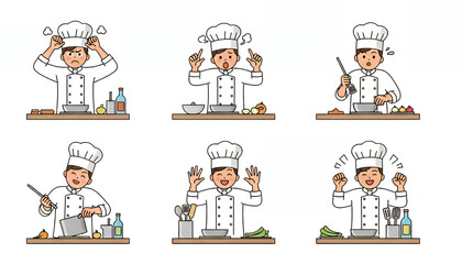 Scenes show a chef reacting to kitchen stress with frustration, surprise, and pressure before shifting into upbeat confidence while preparing food and skillfully handling cooking utensils.