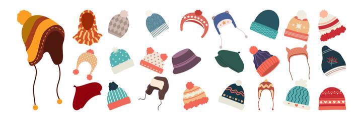 Winter clothing illustrations showing coats, jackets, sweaters, accessories and warm outfits set