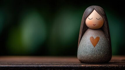 Natural wooden toddler figure: slightly tilted head smile on table, soft green bokeh, visible grain conveys innocence & curiosity—perfect for daycare logo, picture-book illo