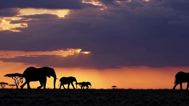 African Elephant Silhouette Walks Across Dramatic Sunset Sky