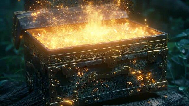 An ancient, ornate treasure chest glowing with magical golden light and sparks in a dark, mysterious forest setting.