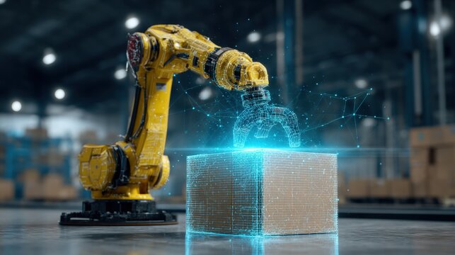 Yellow industrial robotic arm placing a cardboard box with a digital hologram overlay in a modern smart logistics warehouse.
