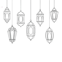 Various hanging traditional islamic lanterns in outline style, isolated on white background