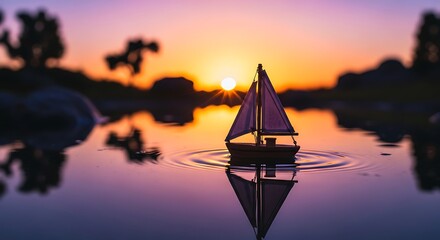 Miniature sailboat serenely sailing, reflected in tranquil waters at sundown