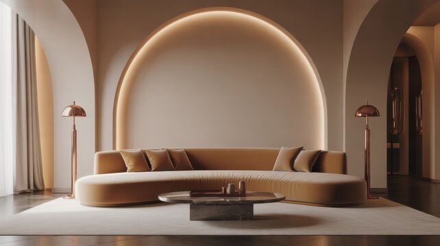 Luxurious modern living room interior with curved sofa and arch light