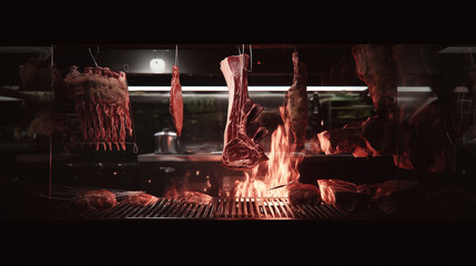Raw cuts of meat hanging above an open flame grill in a dramatic restaurant kitchen.