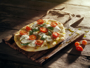 Rustic flatbread pizza topped with cherry tomatoes, mozzarella, and basil on wooden board