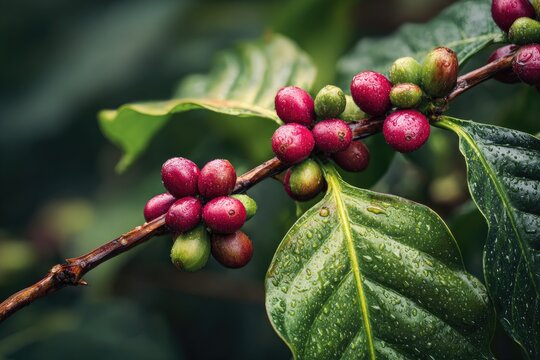 Close-up of coffee cherries ripening on a branch with wet leaves and droplets - Powered by Adobe