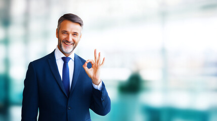 Smiling business professional in suit making OK hand gesture against modern blurred office background.