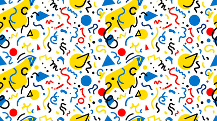 Abstract decorative pattern in 1980s retro style with colorful geometric shapes for party background and fashion design