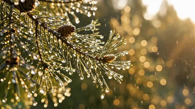 Glistening pine tree branch with dew in sunlight