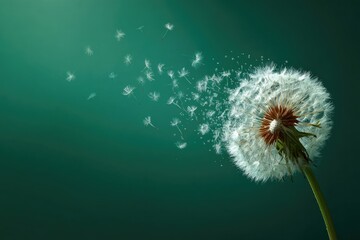 Dandelion seed head with seeds blowing in the wind against a teal-green background