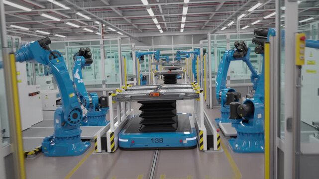 Fly-through a fully automated EV production line with autonomous robotic arms assembling lithium-ion battery modules for the automotive industry. Modern electric car factory. 3d animation render
