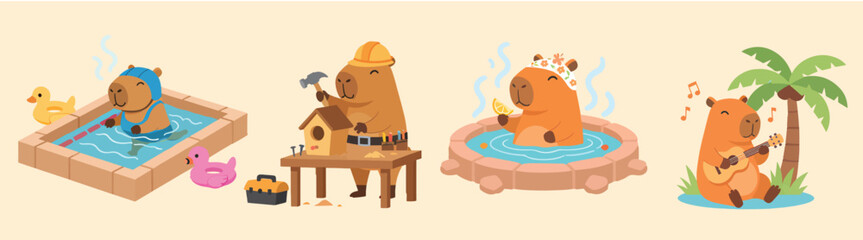 Relaxing and creative capybara life in charming pixel art