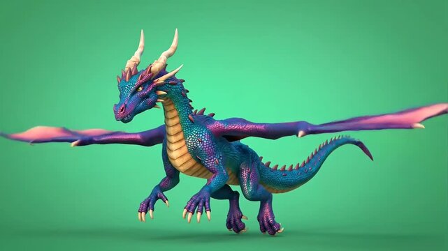 Blue dragon flying, mythical creature animation on a green screen for visual effects