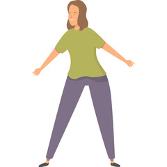 Confused Woman Wearing Olive Green T Shirt and Purple Pants Expressing Uncertainty with Arms Outstretched on Transparent Background Simple Vector Illustration