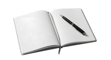 Open blank notebook with black pen on transparent background
