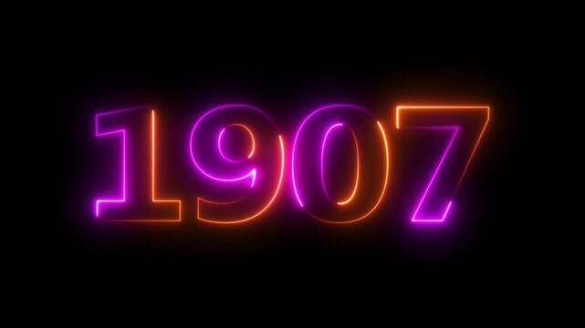 Glowing neon 1907 happy new year 1907 animated text new year on black background. Abstract 1907 neon text animation,