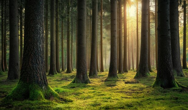 Beautiful forest with tall trees and green moss with sunlight shining through tree trunks creating a serene nature scene at sunrise