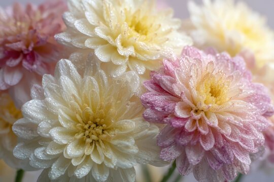 Macro photograph of chrysanthemums showing detailed petals and soft bokeh