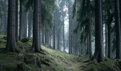 A dense pine forest in Germany with tall trees and moss-covered trunks standing close together on grassy ground with a narrow path leading through it