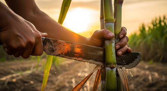 Harvesting fresh sugarcane stalks with a vintage machete at dawn time