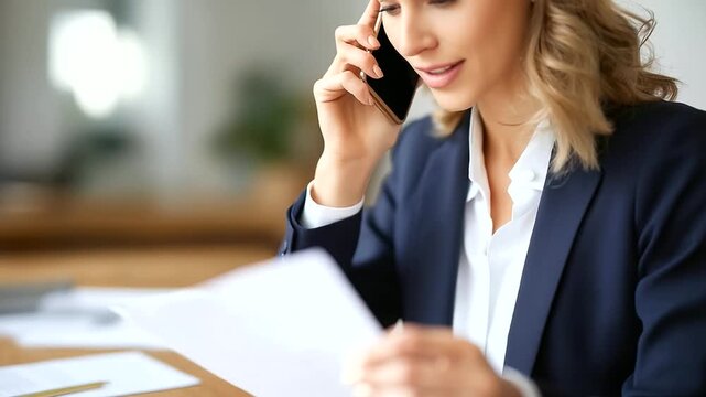 Businesswoman talking on phone reviewing defocused documents desk, faceless client consultation, multitasking visualization detail, blurred paperwork background, professional conce
