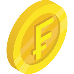 Golden Swiss Franc Coin With F Symbol Isolated On White Background With Subtle Shadow And Highlight