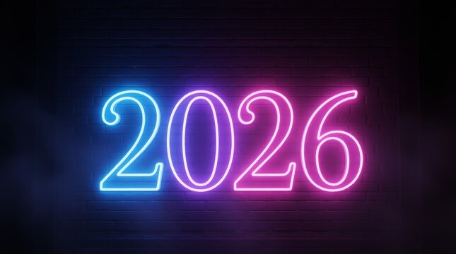 neon 2026 sign glowing on brick wall, modern new year celebration background