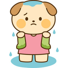 Cute cartoon puppy wearing a pink dress and green rain boots looking sad and wet with water droplets around its feet on a transparent background