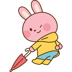 Cute pink cartoon bunny character wearing a yellow hoodie and blue shorts holding a red umbrella with a transparent background and pixelated design